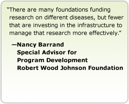There are many foundations funding research on different diseases, but fewer that are investing in the infrastructure to manage that research more effectively. --Nancy Barrand,Special Advisor for Program Development,Robert Wood Johnson Foundation