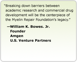 Breaking down barriers between academic research and commercial drug development will be the centerpiece of the Myelin Repair Foundation's legacy. --William K. Bowes. Jr., FounderAmgen, U.S. Venture Partners