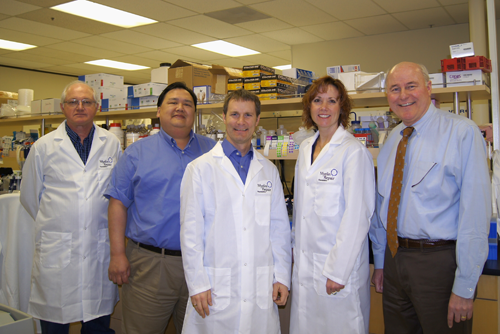 MRF team members (left to right): Dr. Michael Pleiss, Chairman of MRF&rsquo;s Drug Discovery Advisory Board; Dr. Jay Tung, Vice President of Drug Discovery and Research Operations; Dr. Jason Dugas, Senior Research Scientist; Dr. Tassie Collins, Director of Translational Medicine; Scott Johnson, President and Founder